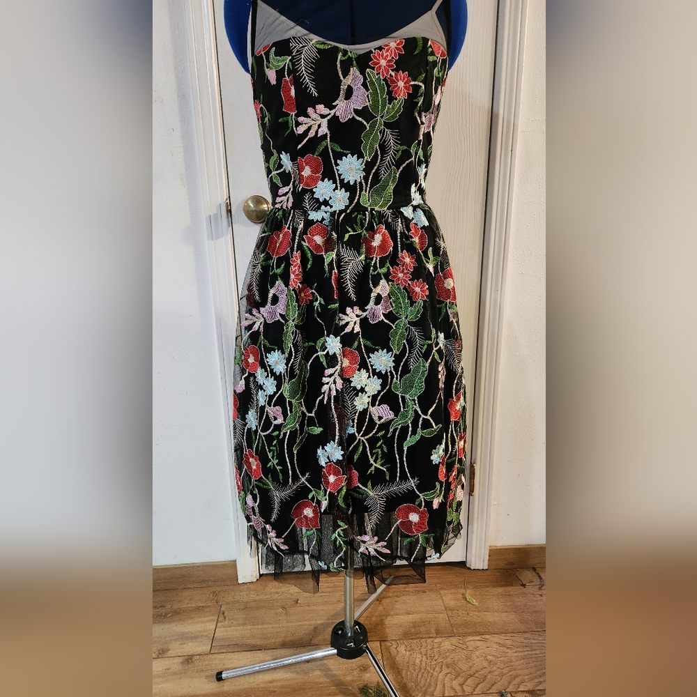 Cocktail dress. Sheer bodice,  Open back. Size 6.